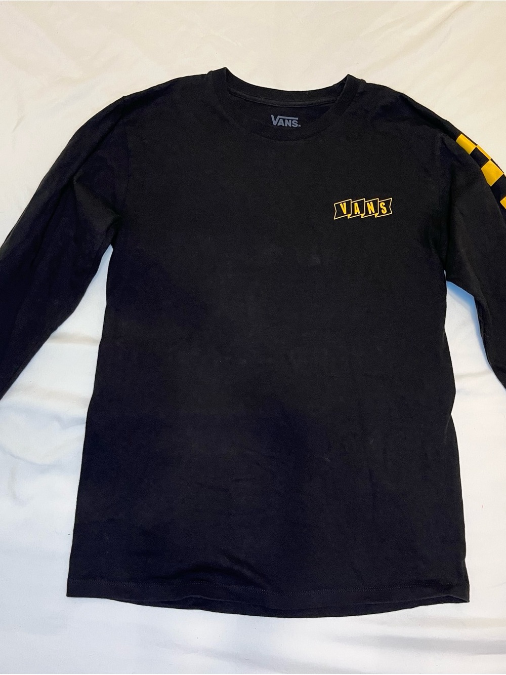 Vans Black Long-Sleeve Tee with Yellow Logo and Sleeve Check